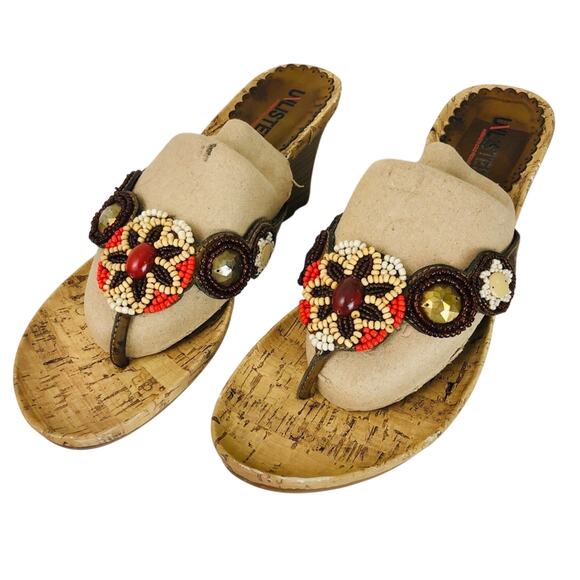 Unlisted Orange Brown Tan beaded Top with Bling cork sandals 7.5M 3 inch wedge - Picture 3 of 16
